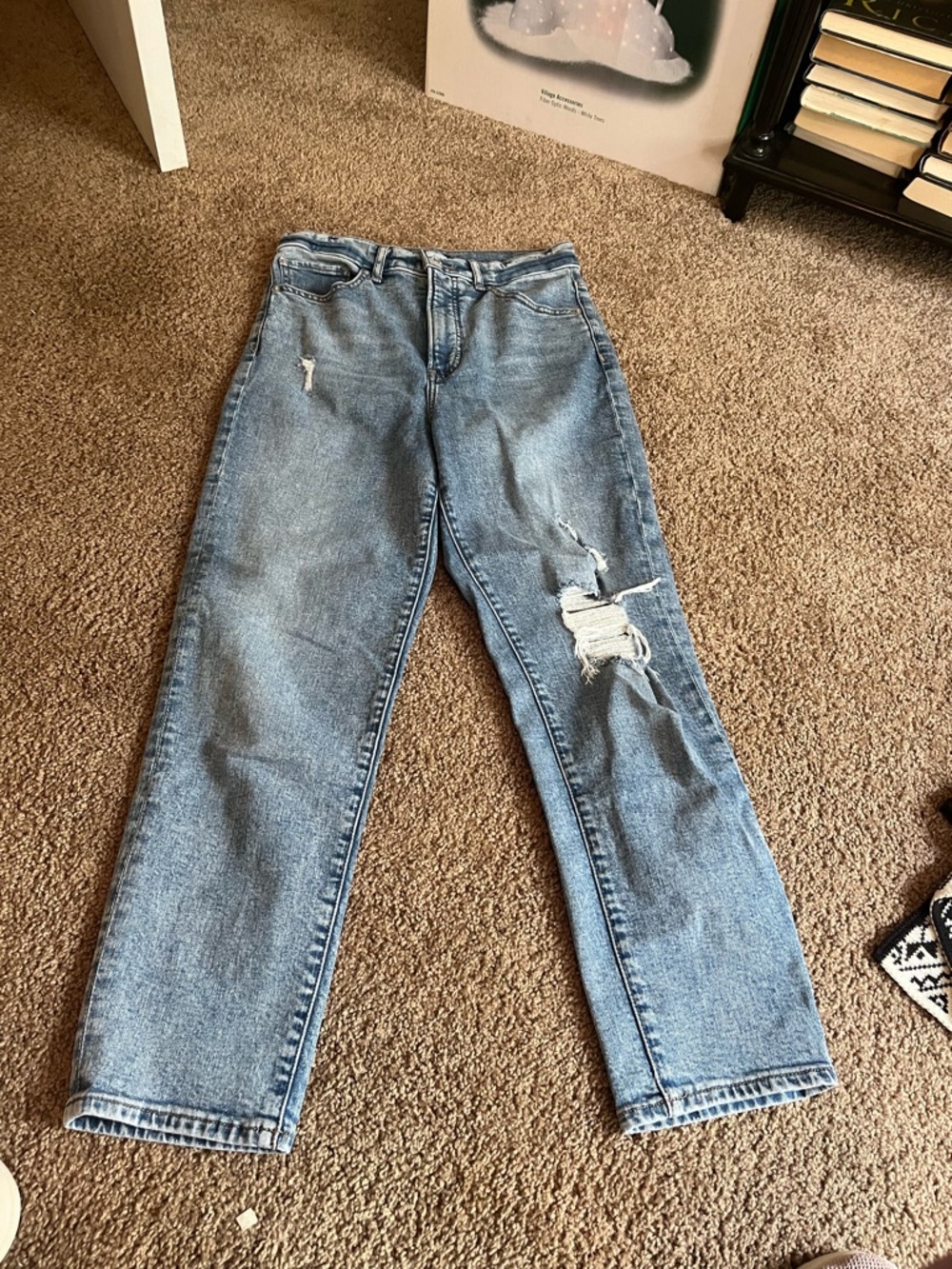 Express mom jeans Light Blue Distressed Straight-Leg Jeans6r